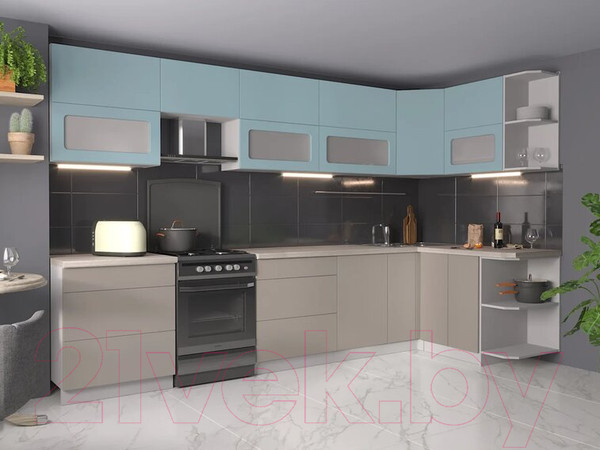 Изображение товара Кухонный гарнитур Интерлиния Мила Матте 1.5x3.4 Б правая (океан/луна/травертин серый)