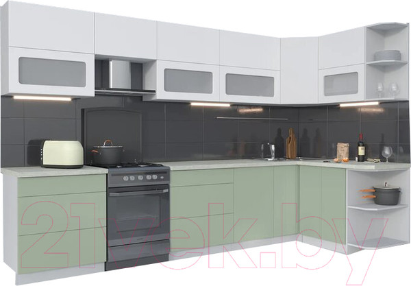 Изображение товара Кухонный гарнитур Интерлиния Мила Матте 1.5x3.4 Б правая (белый/мята/опал светлый)