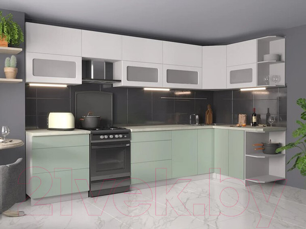 Изображение товара Кухонный гарнитур Интерлиния Мила Матте 1.5x3.4 Б правая (белый/мята/опал светлый)