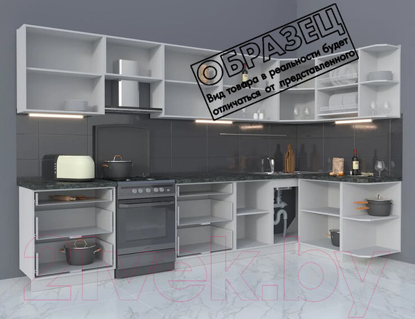 Изображение товара Кухонный гарнитур Интерлиния Мила Матте 1.5x3.4 Б правая (океан/океан/травертин серый)