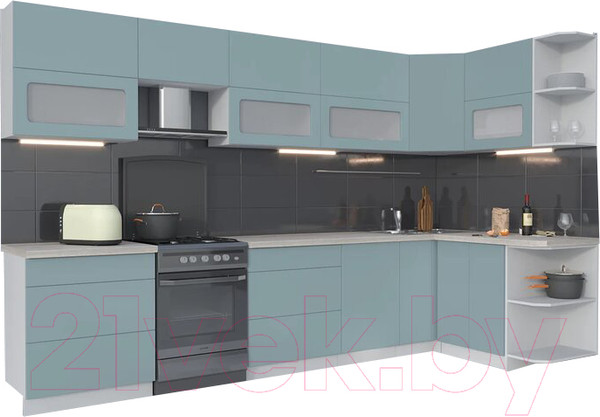 Изображение товара Кухонный гарнитур Интерлиния Мила Матте 1.5x3.4 Б правая (океан/океан/травертин серый)