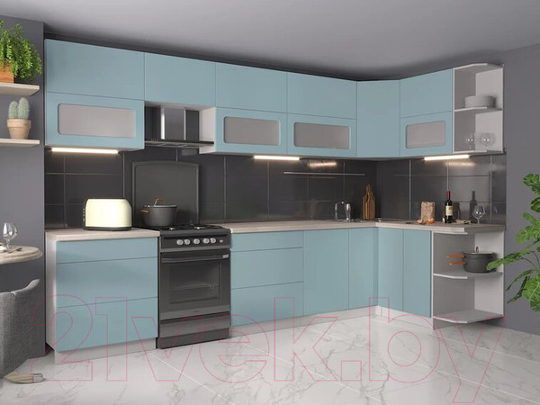 Изображение товара Кухонный гарнитур Интерлиния Мила Матте 1.5x3.4 Б правая (океан/океан/травертин серый)