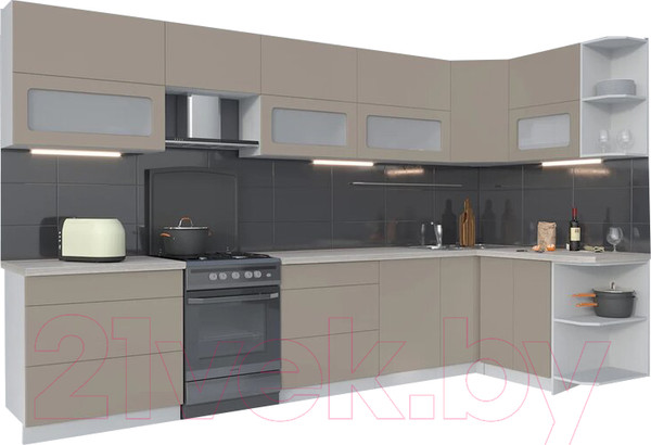 Изображение товара Кухонный гарнитур Интерлиния Мила Матте 1.5x3.5 Б правая (луна/луна/травертин серый)