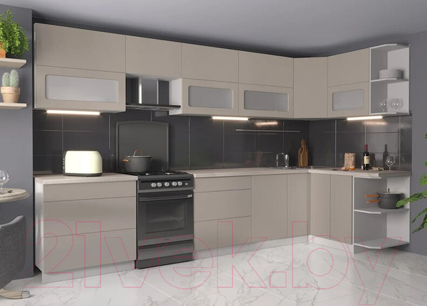 Изображение товара Кухонный гарнитур Интерлиния Мила Матте 1.5x3.5 Б правая (луна/луна/травертин серый)