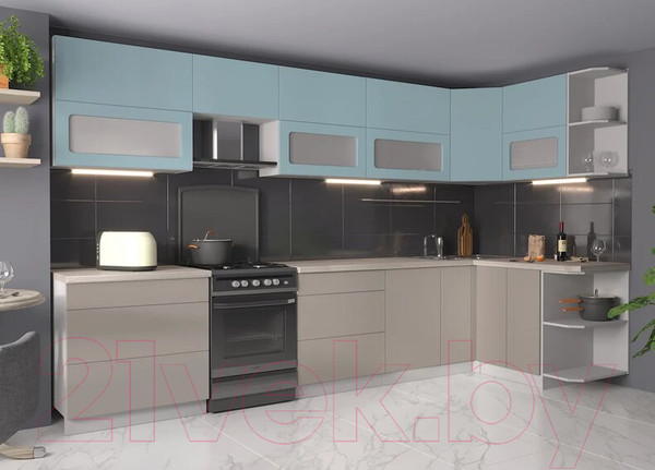 Изображение товара Кухонный гарнитур Интерлиния Мила Матте 1.5x3.5 Б правая (океан/луна/травертин серый)