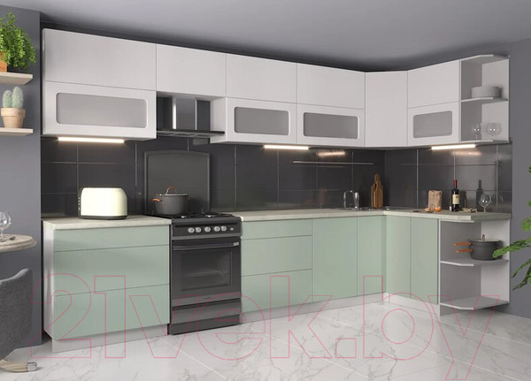 Изображение товара Кухонный гарнитур Интерлиния Мила Матте 1.5x3.5 Б правая (белый/мята/опал светлый)