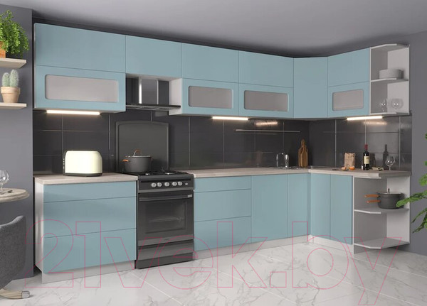 Изображение товара Кухонный гарнитур Интерлиния Мила Матте 1.5x3.5 Б правая (океан/океан/травертин серый)