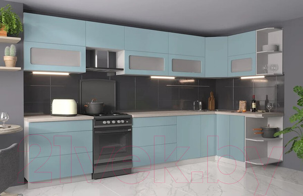 Изображение товара Кухонный гарнитур Интерлиния Мила Матте 1.5x3.6 Б правая (океан/океан/травертин серый)