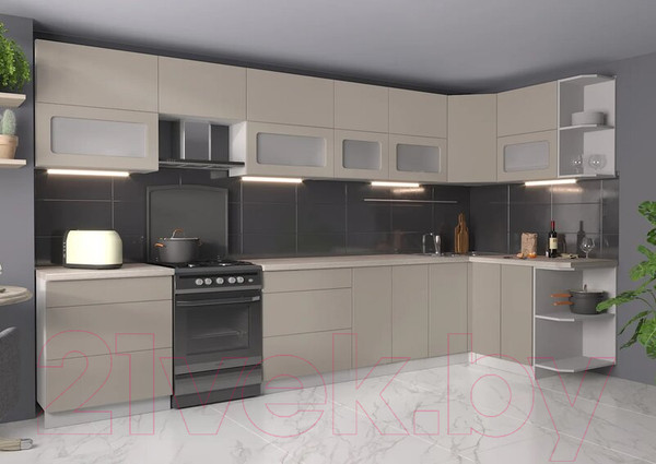 Изображение товара Кухонный гарнитур Интерлиния Мила Матте 1.5x3.7 Б правая (луна/луна/травертин серый)