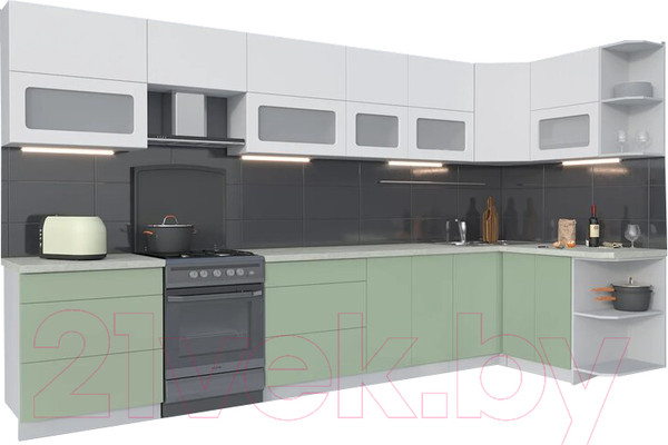 Изображение товара Кухонный гарнитур Интерлиния Мила Матте 1.5x3.7 Б правая (белый/мята/опал светлый)
