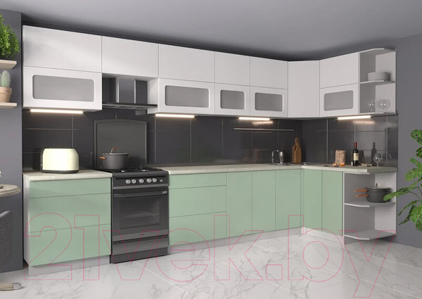 Изображение товара Кухонный гарнитур Интерлиния Мила Матте 1.5x3.7 Б правая (белый/мята/опал светлый)