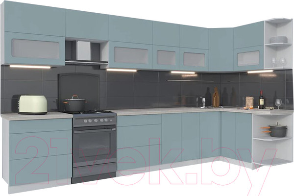 Изображение товара Кухонный гарнитур Интерлиния Мила Матте 1.5x3.7 Б правая (океан/океан/травертин серый)