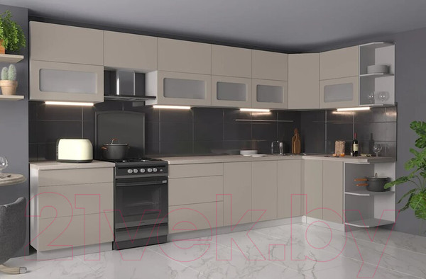 Изображение товара Кухонный гарнитур Интерлиния Мила Матте 1.5x3.8 Б правая (луна/луна/травертин серый)