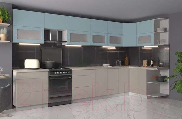 Изображение товара Кухонный гарнитур Интерлиния Мила Матте 1.5x3.8 Б правая (океан/луна/травертин серый)