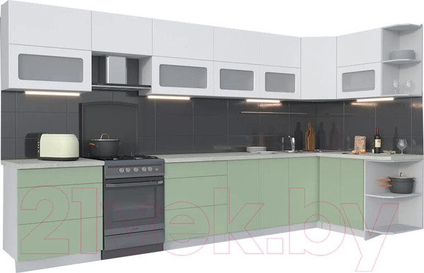 Изображение товара Кухонный гарнитур Интерлиния Мила Матте 1.5x3.8 Б правая (белый/мята/опал светлый)