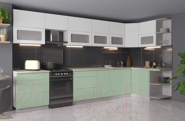 Изображение товара Кухонный гарнитур Интерлиния Мила Матте 1.5x3.8 Б правая (белый/мята/опал светлый)