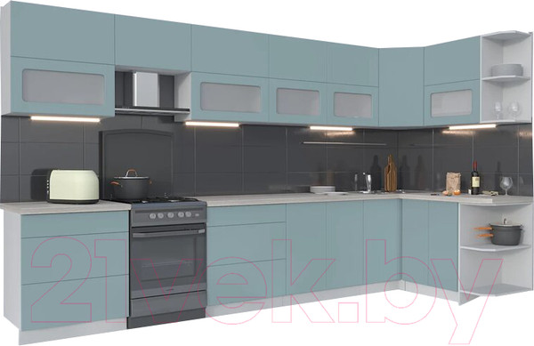 Изображение товара Кухонный гарнитур Интерлиния Мила Матте 1.5x3.8 Б правая (океан/океан/травертин серый)