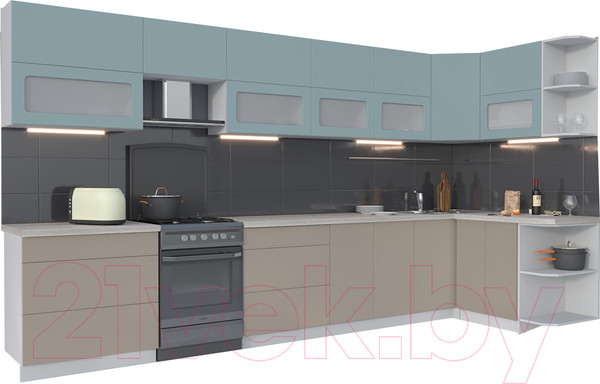 Изображение товара Кухонный гарнитур Интерлиния Мила Матте 1.5x3.9 Б правая (океан/луна/травертин серый)