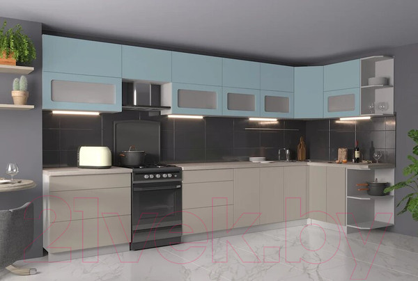 Изображение товара Кухонный гарнитур Интерлиния Мила Матте 1.5x3.9 Б правая (океан/луна/травертин серый)