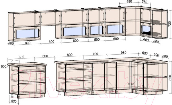 Изображение товара Кухонный гарнитур Интерлиния Мила Матте 1.5x3.9 Б правая (белый/мята/опал светлый)