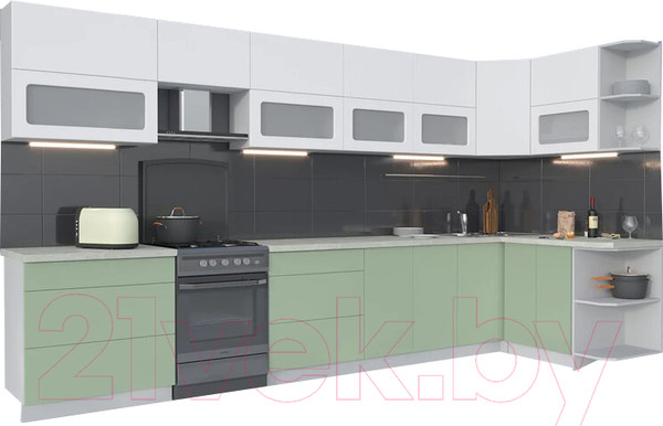 Изображение товара Кухонный гарнитур Интерлиния Мила Матте 1.5x3.9 Б правая (белый/мята/опал светлый)