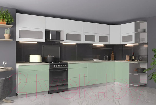 Изображение товара Кухонный гарнитур Интерлиния Мила Матте 1.5x3.9 Б правая (белый/мята/опал светлый)