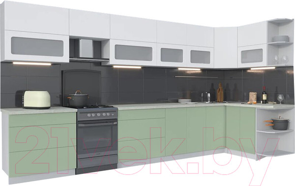 Изображение товара Кухонный гарнитур Интерлиния Мила Матте 1.5x4.0 Б правая (белый/мята/опал светлый)