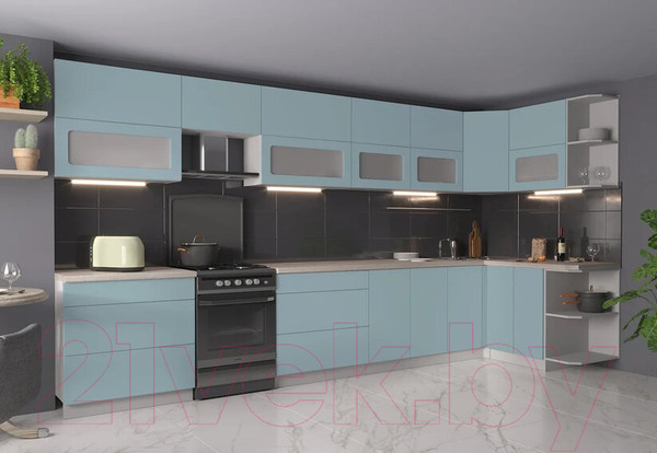 Изображение товара Кухонный гарнитур Интерлиния Мила Матте 1.5x4.0 Б правая (океан/океан/травертин серый)