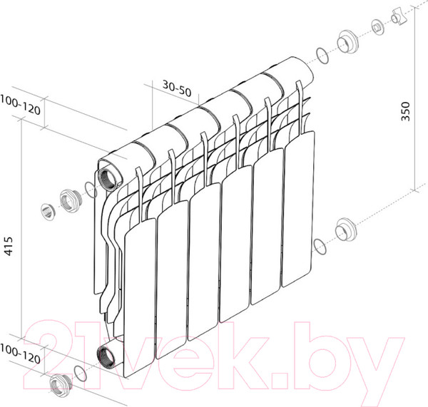 Изображение товара Радиатор биметаллический Royal Thermo Revolution Bimetall 350 (5 секций, с монтажным комплектом и угловыми кранами)