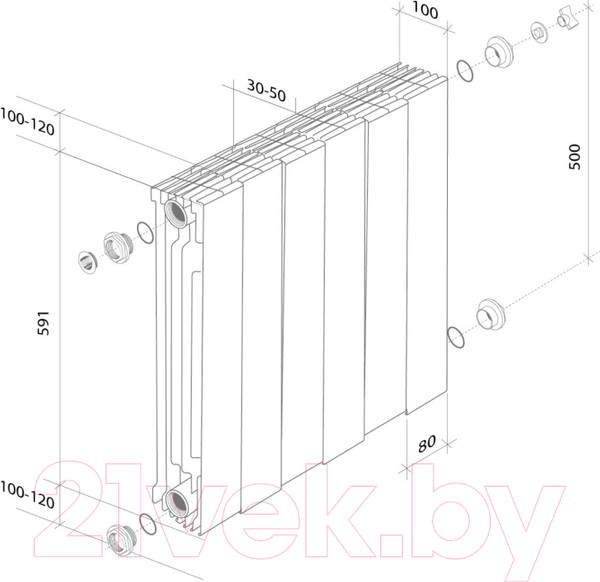Изображение товара Радиатор биметаллический Royal Thermo PianoForte 500 Bianco Traffico (6 секций, с монтажным комплектом и угловыми кранами)