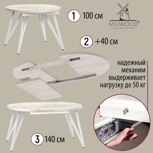 Изображение товара Обеденный стол Millwood Женева 3 Л раздвижной D100-140x100x76 (дуб белый Craft/металл белый)