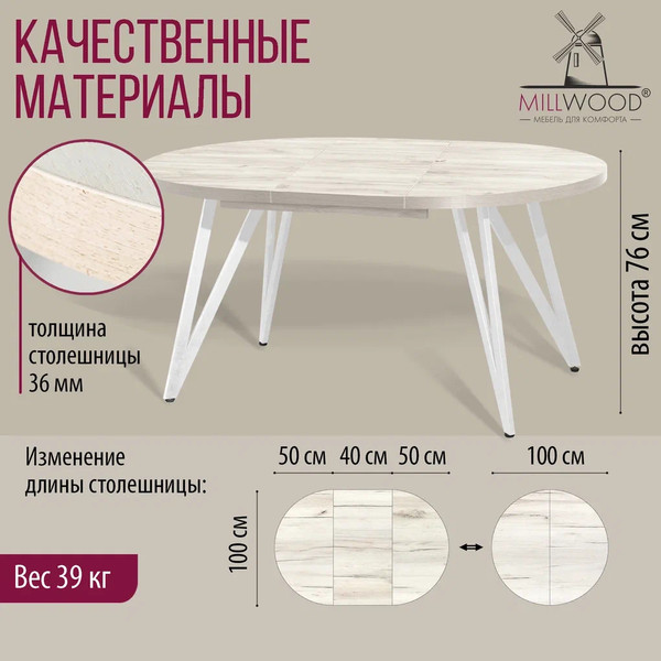 Изображение товара Обеденный стол Millwood Женева 3 Л раздвижной D100-140x100x76 (дуб белый Craft/металл белый)