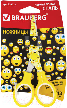 Изображение товара Ножницы канцелярские Brauberg Kid Series Смайлики / 232274 (желтый/белый)