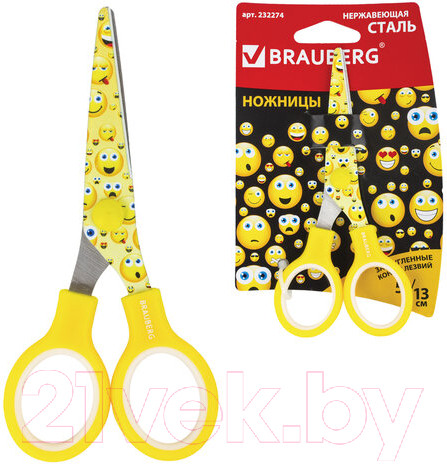 Изображение товара Ножницы канцелярские Brauberg Kid Series Смайлики / 232274 (желтый/белый)