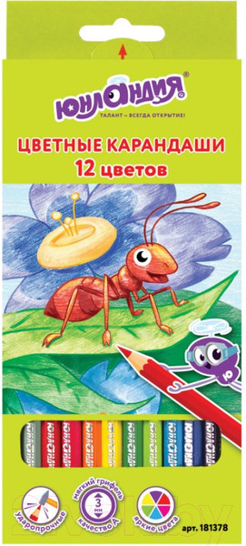 Изображение товара Набор цветных карандашей Юнландия В гостях у букашек / 181378 (12цв)
