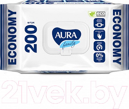 Влажные салфетки Aura Family для всей семьи с крышкой (200шт)