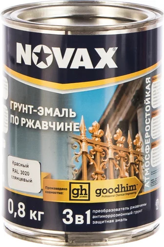Изображение товара Грунт-эмаль Novax По ржавчине 3 в 1 RAL 3020 (800г, красный глянцевый)