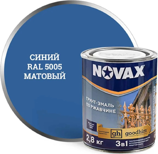 Изображение товара Грунт-эмаль Novax По ржавчине 3 в 1 RAL 5005 (2.8кг, синий матовый)
