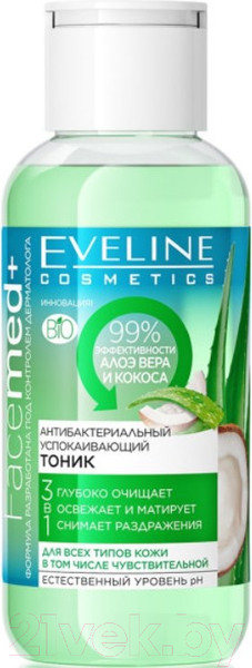 Изображение товара Тоник для лица Eveline Cosmetics Facemed+ Антибактериальный успокаивающий с алоэ и кокосом 3в1 (100мл)