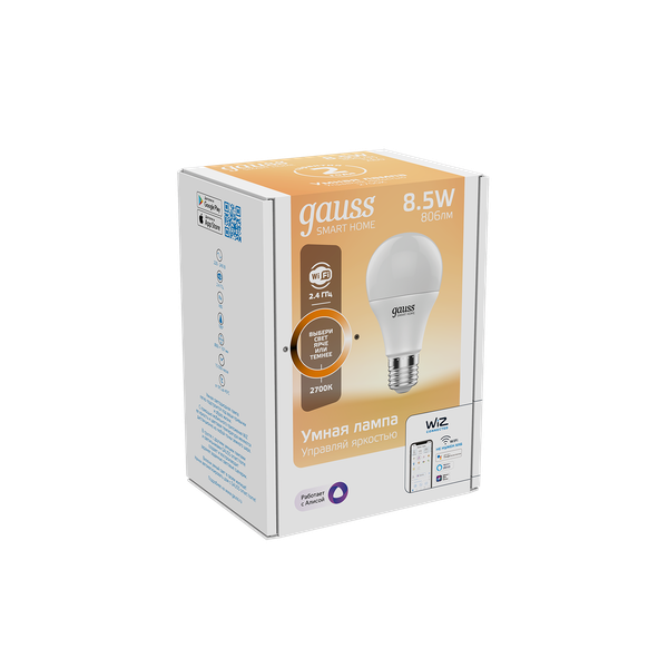 Изображение товара Умная лампа Gauss SmartHome А60 8.5W 806лм E27 DIM / 1050112 (управление голосом/смартфоном)