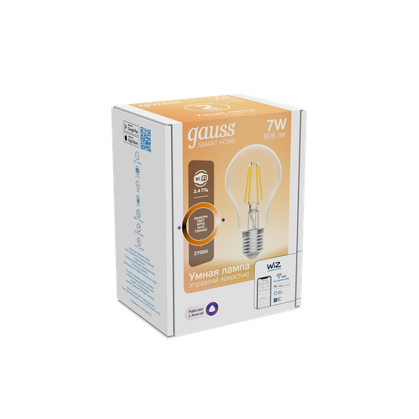 Изображение товара Умная лампа Gauss Smart Home Filament А60 7W 806лм E27 DIM / 1200112 (управление голосом/смартфоном)