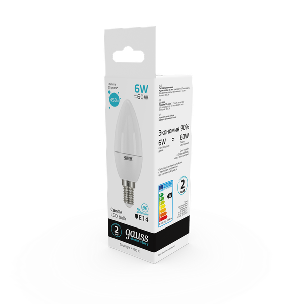 Изображение товара Лампа Gauss Elementary Свеча 6W 450lm 4100K Е14 / 33126