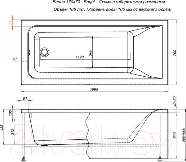 Изображение товара Ванна акриловая Aquanet Bright 170x70 / 267791 (с каркасом)