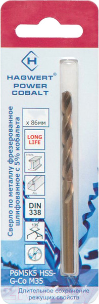Изображение товара Сверло Hagwert Power-Cobalt 5.2х86мм Р6М5К5 / 568052