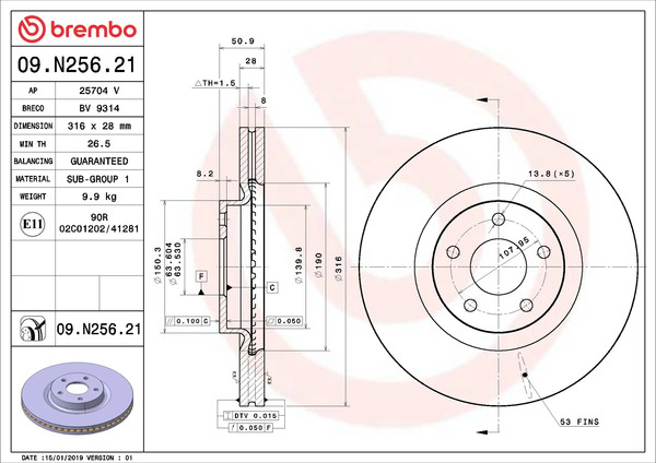 Изображение товара Тормозной диск Brembo 09N25621