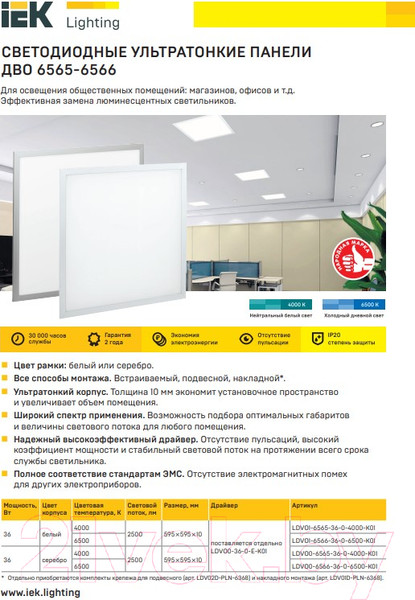Изображение товара Панель светодиодная IEK LDVO1-6566-36-0-6500-K01
