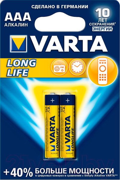 Изображение товара Комплект батареек Varta Longlife 4 AAA LR03 / 04103113412 (2шт)