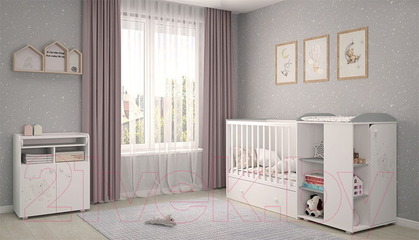 Изображение товара Детская кроватка Polini Kids French 900 Teddy с комодом / 0001526.55 (белый/серый)