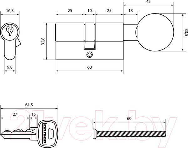Изображение товара Цилиндровый механизм замка Аллюр AG 60-6К CP вертушка (хром)