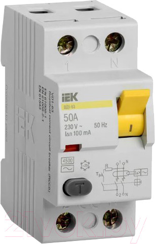 Изображение товара Устройство защитного отключения IEK ВД1-63 1ф 50А 100мА 2п / MDV10-2-050-100